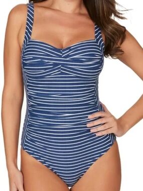 Nip Tuck Joanne One-Piece Swimsuit Navy White Stripe Ruched Tummy Control Sz 12
